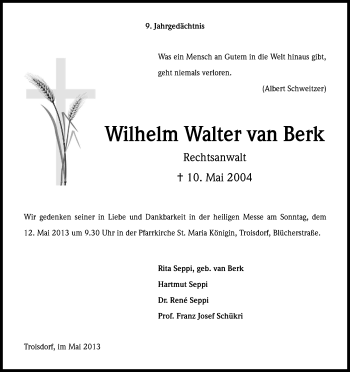 Anzeige von Wilhelm Walter van Berk von Kölner Stadt-Anzeiger / Kölnische Rundschau / Express