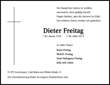 Anzeige von Dieter Freitag von Kölner Stadt-Anzeiger / Kölnische Rundschau / Express