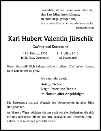 Anzeige von Karl Hubert Valentin Jürschik von Kölner Stadt-Anzeiger / Kölnische Rundschau / Express