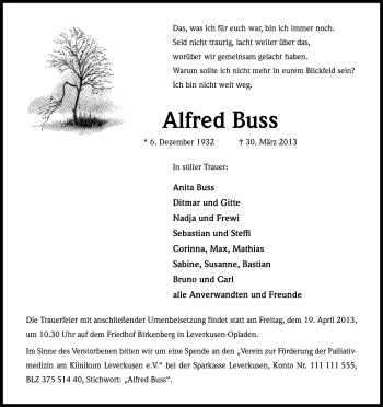 Anzeige von Alfred Buss von Kölner Stadt-Anzeiger / Kölnische Rundschau / Express