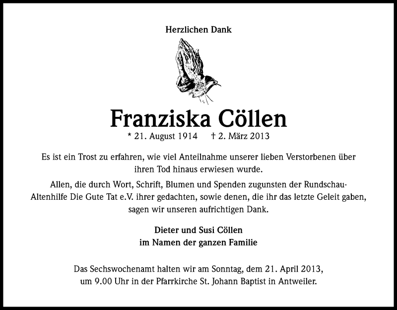  Traueranzeige für Franziska Cöllen vom 16.04.2013 aus Kölner Stadt-Anzeiger / Kölnische Rundschau / Express