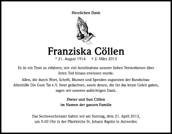 Anzeige von Franziska Cöllen von Kölner Stadt-Anzeiger / Kölnische Rundschau / Express