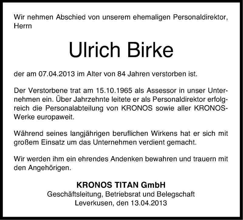 Traueranzeige für Ulrich Birke vom 13.04.2013 aus Kölner Stadt-Anzeiger / Kölnische Rundschau / Express