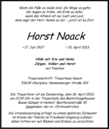 Anzeige von Horst Noak von Kölner Stadt-Anzeiger / Kölnische Rundschau / Express