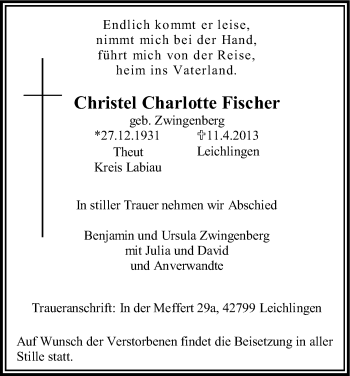 Anzeige von Christel Charlotte Fischer von Kölner Stadt-Anzeiger / Kölnische Rundschau / Express