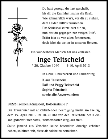 Anzeige von Inge Teitscheid von Kölner Stadt-Anzeiger / Kölnische Rundschau / Express
