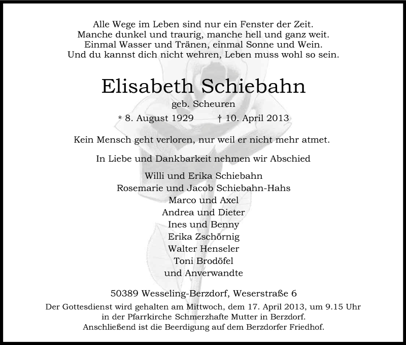  Traueranzeige für Elisabeth Schiebahn vom 13.04.2013 aus Kölner Stadt-Anzeiger / Kölnische Rundschau / Express