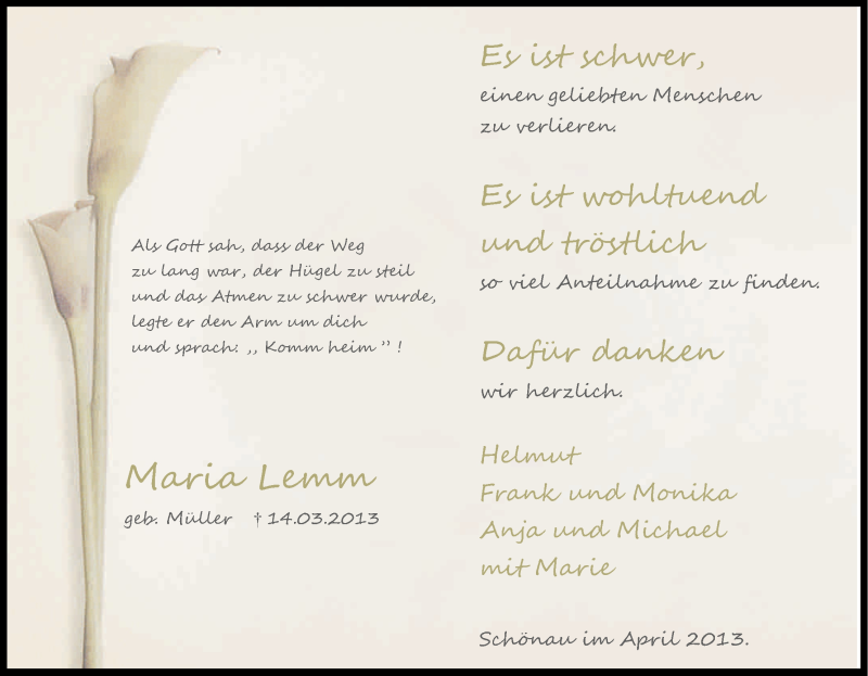  Traueranzeige für Maria Lemm vom 13.04.2013 aus Kölner Stadt-Anzeiger / Kölnische Rundschau / Express