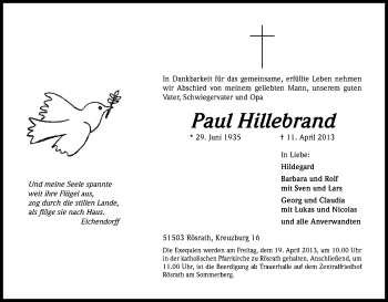 Anzeige von Paul Hillebrand von Kölner Stadt-Anzeiger / Kölnische Rundschau / Express
