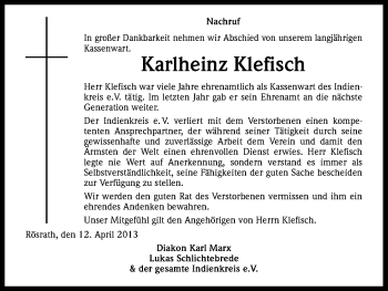 Anzeige von Karlheinz Klefisch von Kölner Stadt-Anzeiger / Kölnische Rundschau / Express