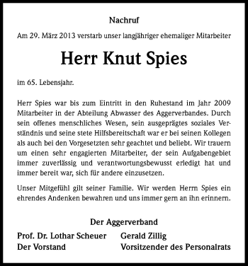 Anzeige von Knut Spies von Kölner Stadt-Anzeiger / Kölnische Rundschau / Express