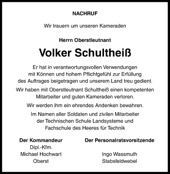 Anzeige von Volker Schultheiß von Kölner Stadt-Anzeiger / Kölnische Rundschau / Express
