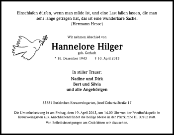 Anzeige von Hannelore Hilger von Kölner Stadt-Anzeiger / Kölnische Rundschau / Express