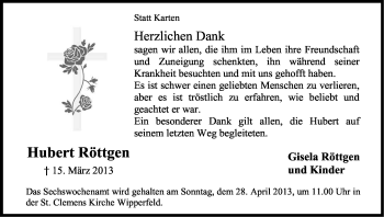 Anzeige von Hubert Röttgen von Kölner Stadt-Anzeiger / Kölnische Rundschau / Express