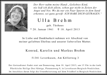 Anzeige von Ulla Brehm von Kölner Stadt-Anzeiger / Kölnische Rundschau / Express