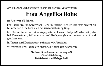 Anzeige von Angelika Rohe von Kölner Stadt-Anzeiger / Kölnische Rundschau / Express