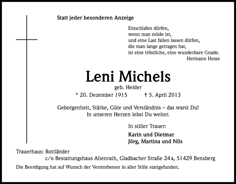  Traueranzeige für Leni Michels vom 17.04.2013 aus Kölner Stadt-Anzeiger / Kölnische Rundschau / Express
