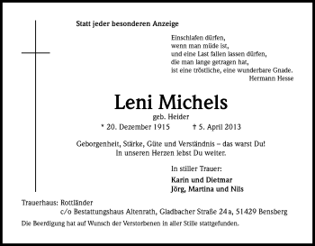Anzeige von Leni Michels von Kölner Stadt-Anzeiger / Kölnische Rundschau / Express