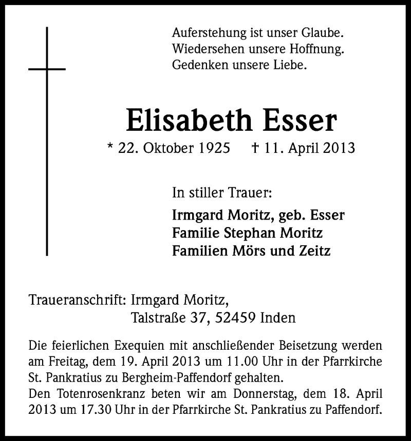  Traueranzeige für Elisabeth Esser vom 17.04.2013 aus Kölner Stadt-Anzeiger / Kölnische Rundschau / Express