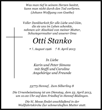 Anzeige von Otti Stanko von Kölner Stadt-Anzeiger / Kölnische Rundschau / Express