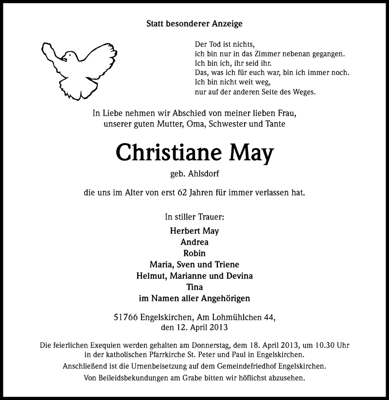  Traueranzeige für Christiane May vom 15.04.2013 aus Kölner Stadt-Anzeiger / Kölnische Rundschau / Express