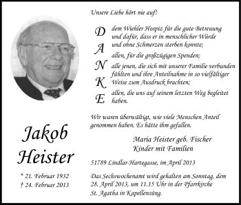Anzeige von Jakob Heister von Kölner Stadt-Anzeiger / Kölnische Rundschau / Express