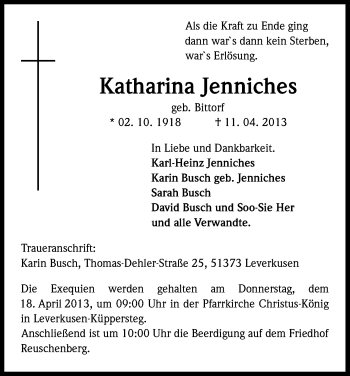 Anzeige von Katharina Jenniches von Kölner Stadt-Anzeiger / Kölnische Rundschau / Express