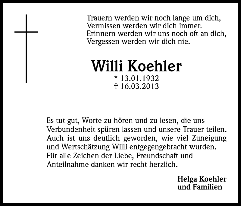  Traueranzeige für Willi Koehler vom 20.04.2013 aus Kölner Stadt-Anzeiger / Kölnische Rundschau / Express