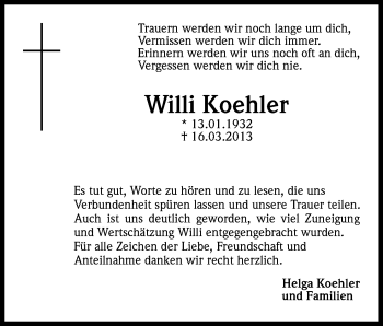 Anzeige von Willi Koehler von Kölner Stadt-Anzeiger / Kölnische Rundschau / Express