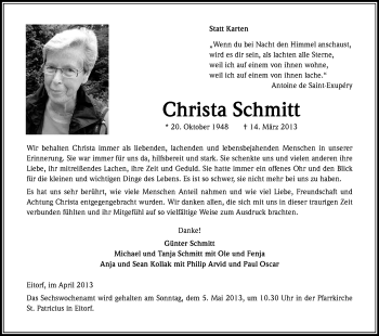 Anzeige von Christa Schmitt von Kölner Stadt-Anzeiger / Kölnische Rundschau / Express