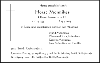 Anzeige von Horst Mönnikes von Kölner Stadt-Anzeiger / Kölnische Rundschau / Express
