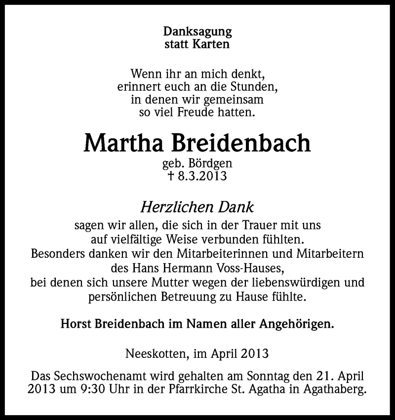  Traueranzeige für Martha Breidenbach vom 16.04.2013 aus Kölner Stadt-Anzeiger / Kölnische Rundschau / Express