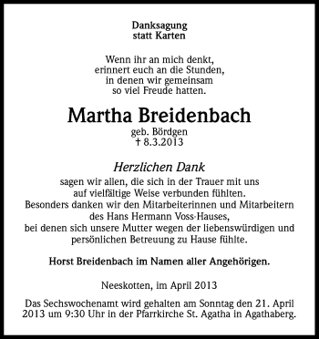 Anzeige von Martha Breidenbach von Kölner Stadt-Anzeiger / Kölnische Rundschau / Express