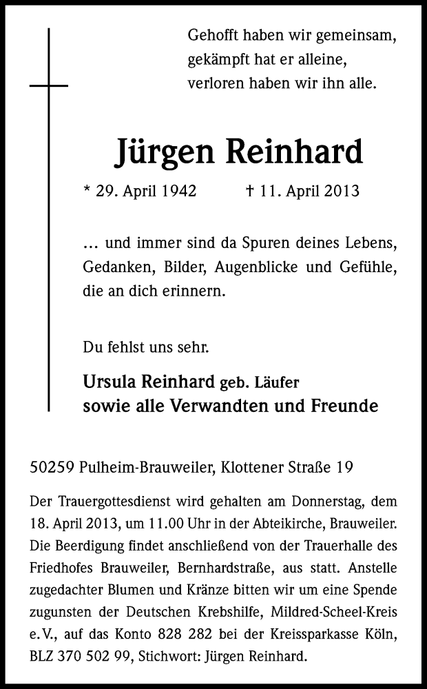  Traueranzeige für Jürgen Reinhard vom 16.04.2013 aus Kölner Stadt-Anzeiger / Kölnische Rundschau / Express