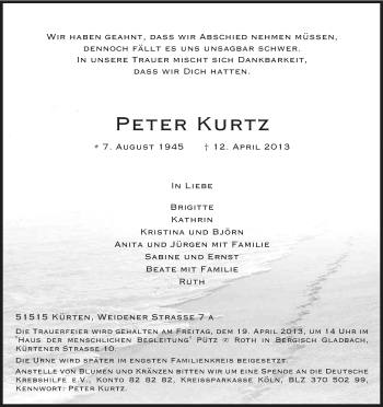 Anzeige von Peter Kurtz von Kölner Stadt-Anzeiger / Kölnische Rundschau / Express