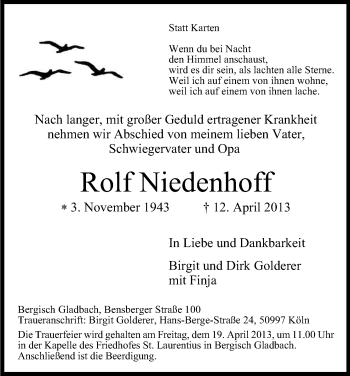 Anzeige von Rolf Niedenhoff von Kölner Stadt-Anzeiger / Kölnische Rundschau / Express