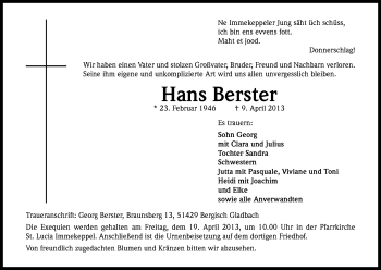Anzeige von Hans Berster von Kölner Stadt-Anzeiger / Kölnische Rundschau / Express