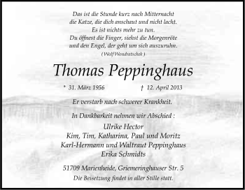 Anzeige von Thomas Peppinghaus von Kölner Stadt-Anzeiger / Kölnische Rundschau / Express
