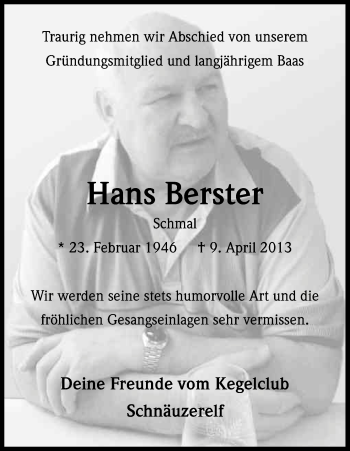 Anzeige von Hans Berster von Kölner Stadt-Anzeiger / Kölnische Rundschau / Express
