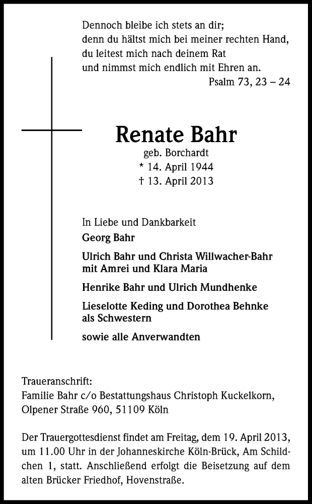 Traueranzeige für Renate Bahr vom 17.04.2013 aus Kölner Stadt-Anzeiger / Kölnische Rundschau / Express