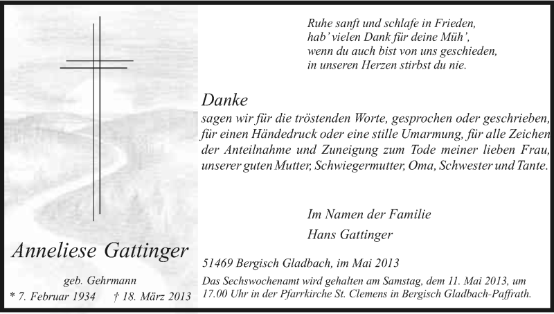  Traueranzeige für Anneliese Gattinger vom 04.05.2013 aus Kölner Stadt-Anzeiger / Kölnische Rundschau / Express