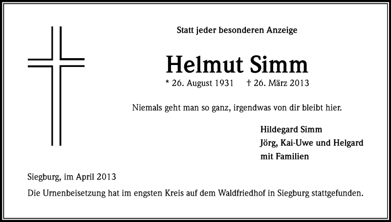  Traueranzeige für Helmut Simm vom 16.04.2013 aus Kölner Stadt-Anzeiger / Kölnische Rundschau / Express