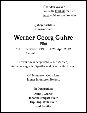Anzeige von Werner Georg Guhre von Kölner Stadt-Anzeiger / Kölnische Rundschau / Express