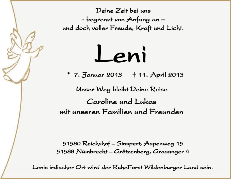  Traueranzeige für Leni  vom 16.04.2013 aus Kölner Stadt-Anzeiger / Kölnische Rundschau / Express