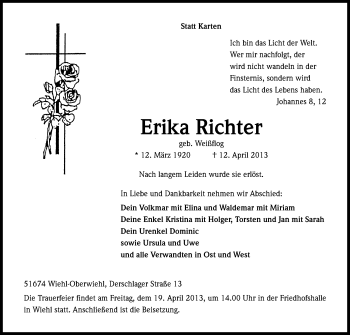 Anzeige von Erika Richhter von Kölner Stadt-Anzeiger / Kölnische Rundschau / Express
