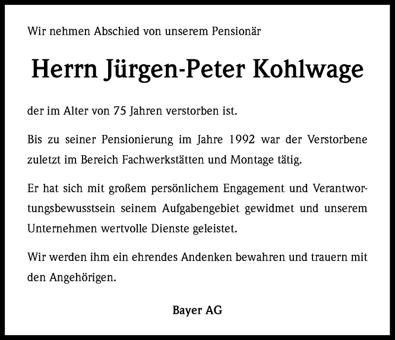  Traueranzeige für Jürgen-Peter Kohlwage vom 18.04.2013 aus Kölner Stadt-Anzeiger / Kölnische Rundschau / Express