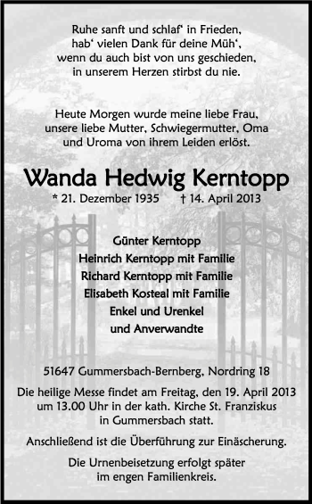 Anzeige von Wanda Kerntopp von Kölner Stadt-Anzeiger / Kölnische Rundschau / Express