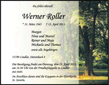 Anzeige von Werner Roller von Kölner Stadt-Anzeiger / Kölnische Rundschau / Express