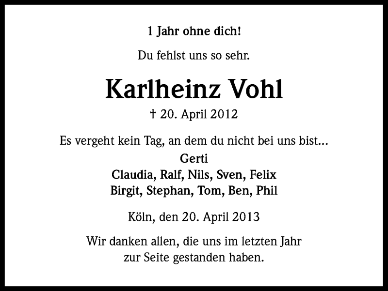  Traueranzeige für Karlheinz Vohl vom 20.04.2013 aus Kölner Stadt-Anzeiger / Kölnische Rundschau / Express