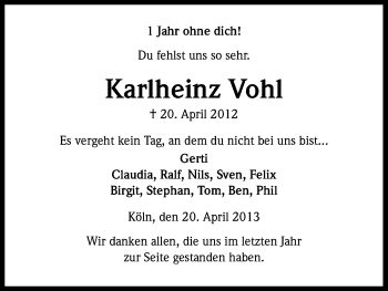 Anzeige von Karlheinz Vohl von Kölner Stadt-Anzeiger / Kölnische Rundschau / Express